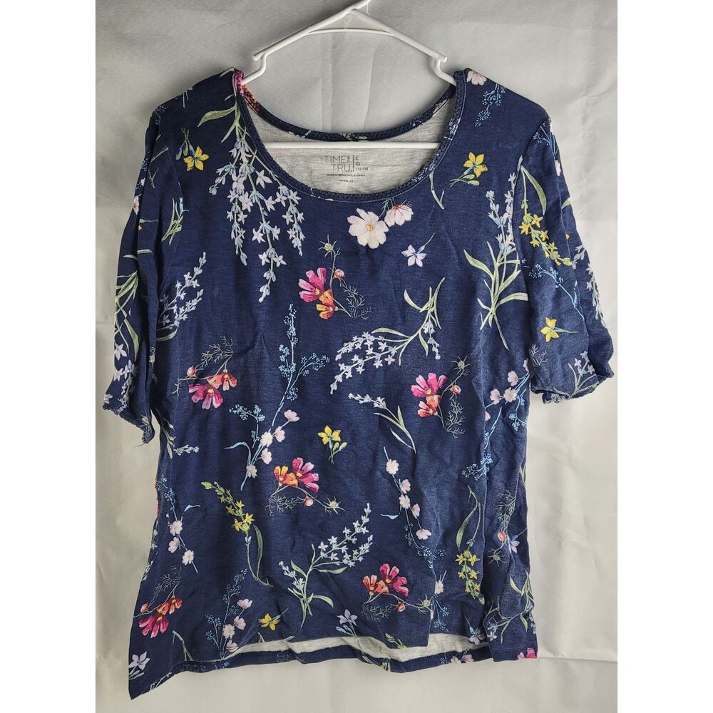 Time and Tru blue floral short-sleeve scoop-neck T-shirt Sz Lg